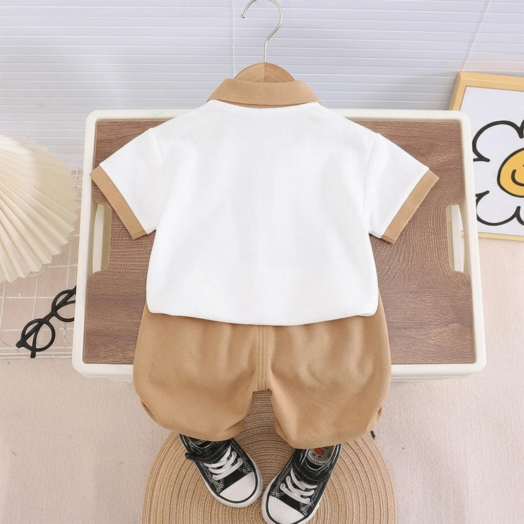 Boys Beige Puppy Printed Short Sleeve Polo T-Shirt With Shorts Sets 2 pc. Sets