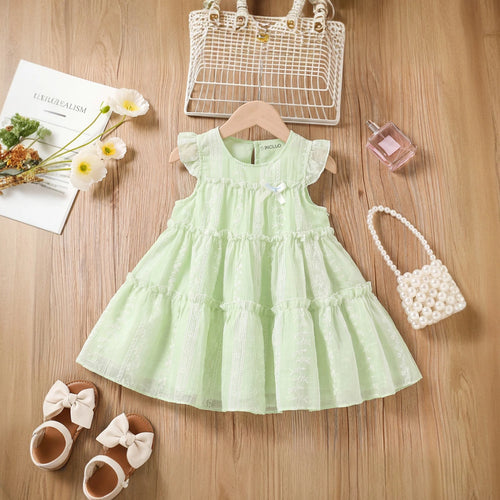 Girls Light Green Embroidered Sleeveless Tiered Dress Casual Dresses Light Green 1-2 Y