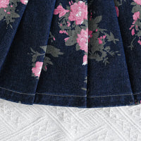 Girls Navy Blue Floral Printed Denim Top And Pleated Skirts Sets 2 pc. Sets