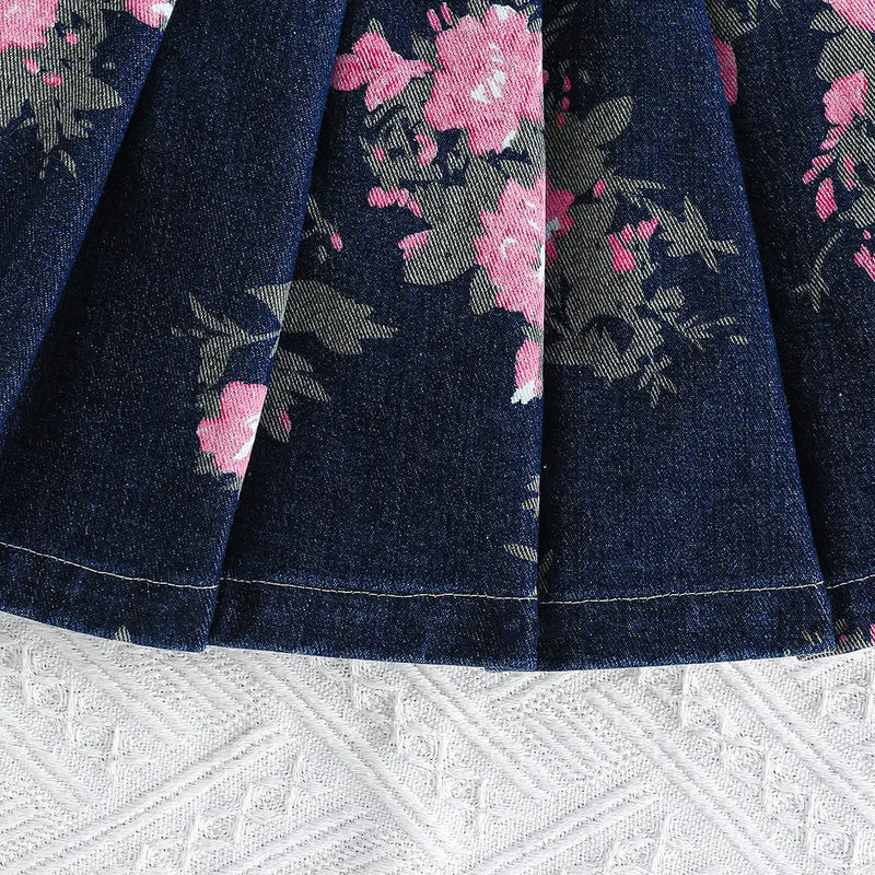Girls Navy Blue Floral Printed Denim Top And Pleated Skirts Sets 2 pc. Sets