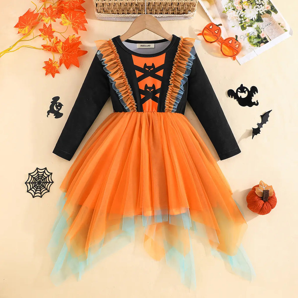 Girls Orange Cat Face Printed Halloween Fit & Flare Dress Casual Dresses Orange 2-3 Y