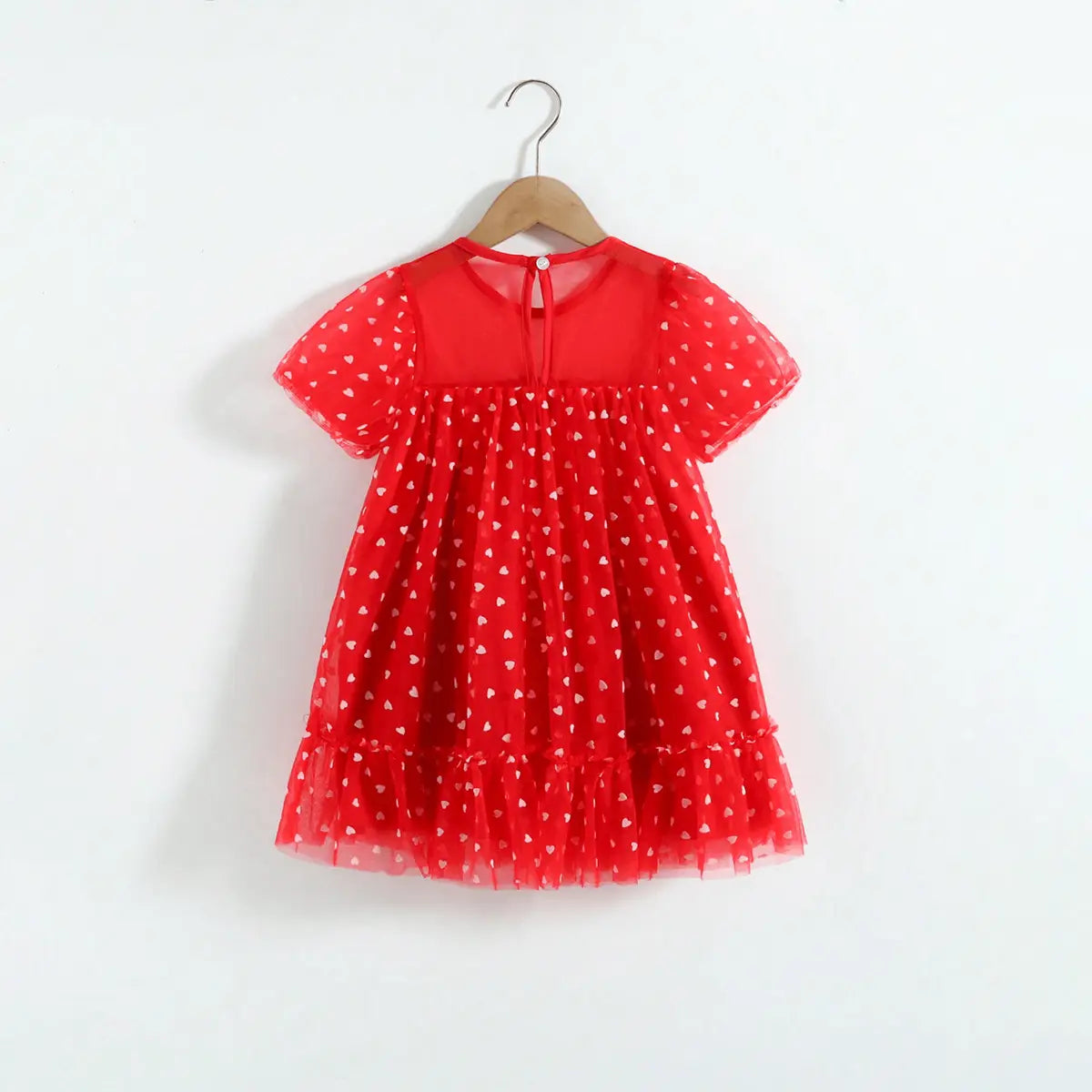 Girls Red Heart Print A-line Dress With Ruffle Hem Casual Dresses