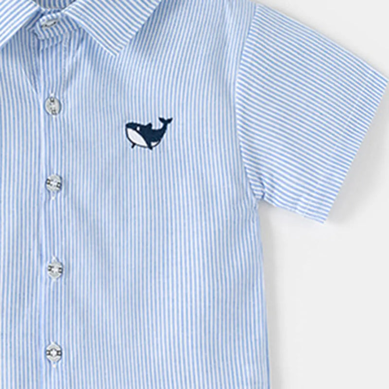 Boys Light Blue Striped Casual Shirt with Shark Embroidery Shirts