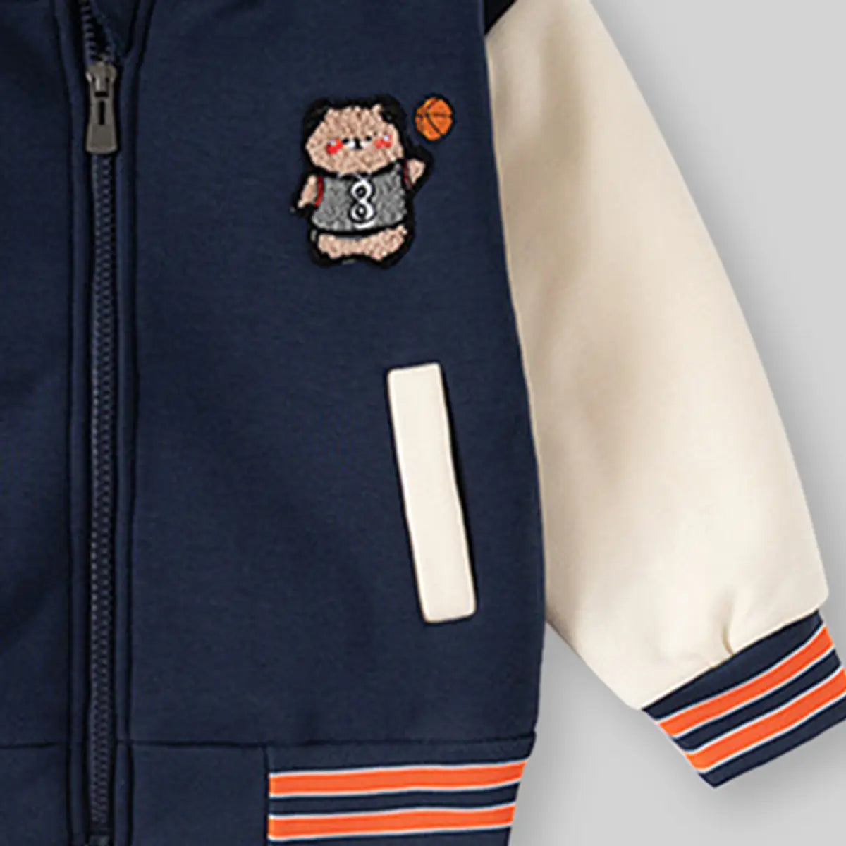 Boys Navy Blue Bear Cartoon Applique Varsity Jacket Coats & Jackets