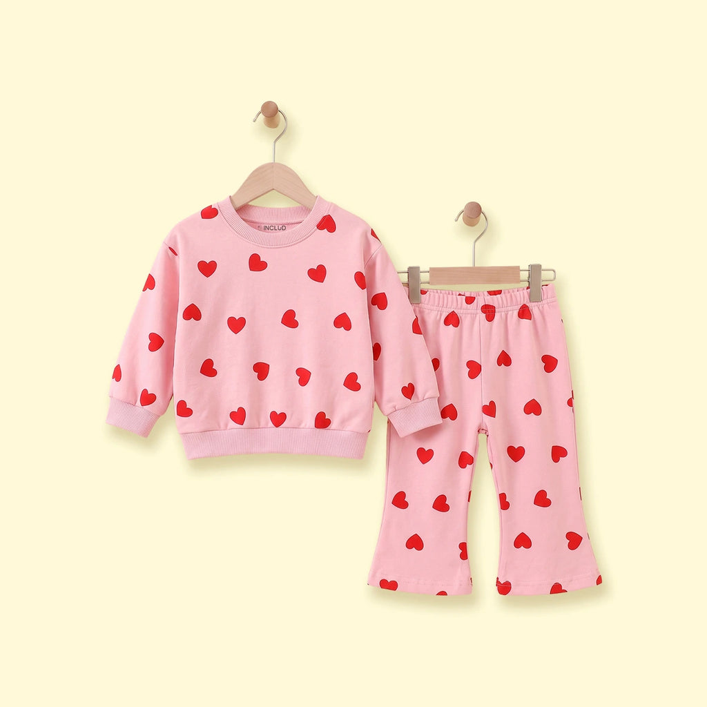 Girls Pink Heart Printed Sweatshirt & Pants Co-ord Sets Sets Pink 1-2 Y