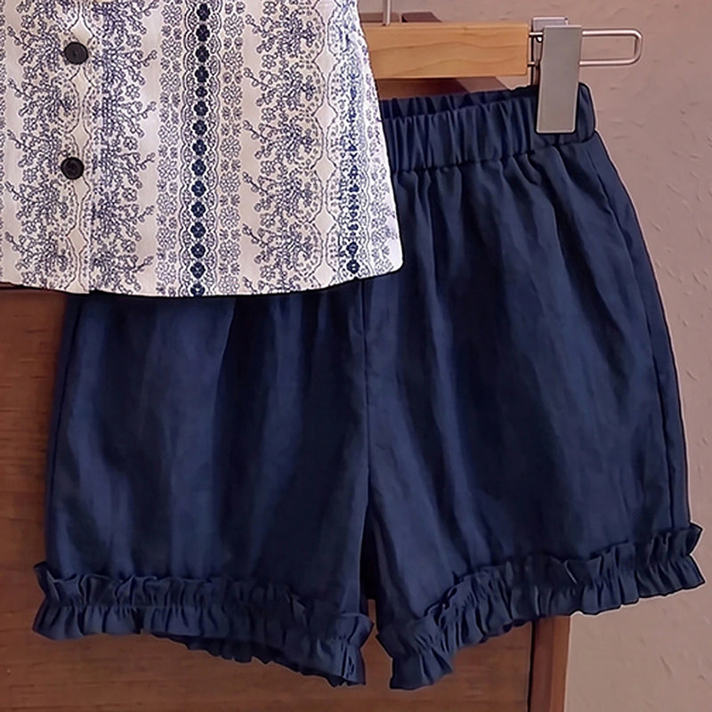 Girls Navy Blue Floral Print Sleeveless Top With Elasticated Shorts Sets 2 pc. Sets