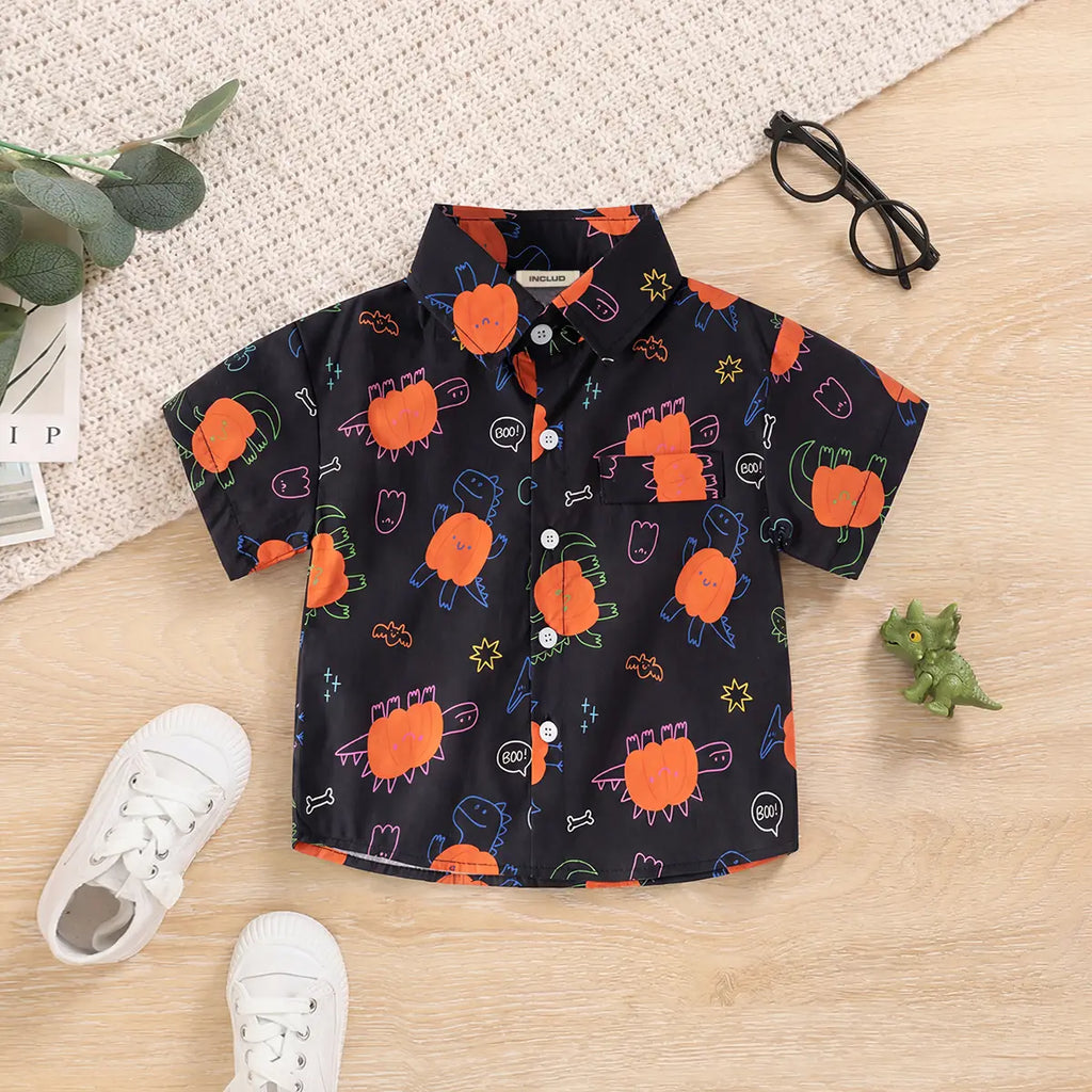 Boys Black Pumpkin Cartoon Printed Short Sleeves Shirt Shirts Black 1-2 Y