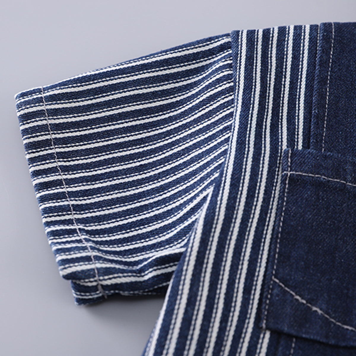 Boys Dark Blue Striped Denim Shirt And Shorts set 2 pc. Sets