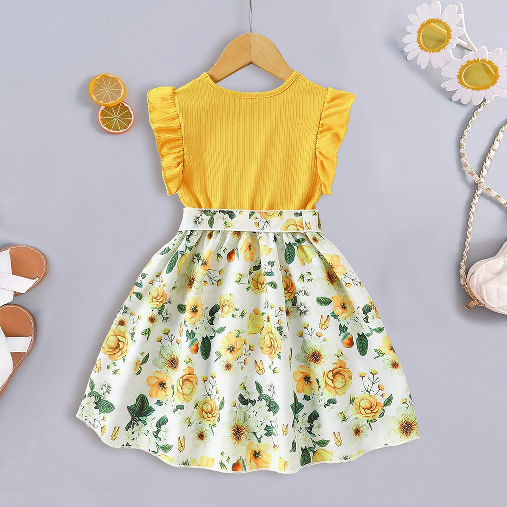 Girls Yellow Floral Print Fit & Flare Dress With Belt Casual Dresses