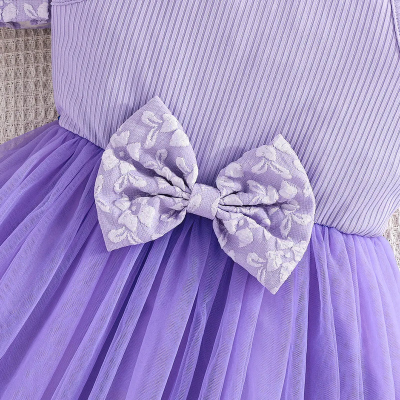 Girls Purple Bow Fit & Flare Dress With Floral Self Design Long Sleeves Crop Jacket Casual Dresses