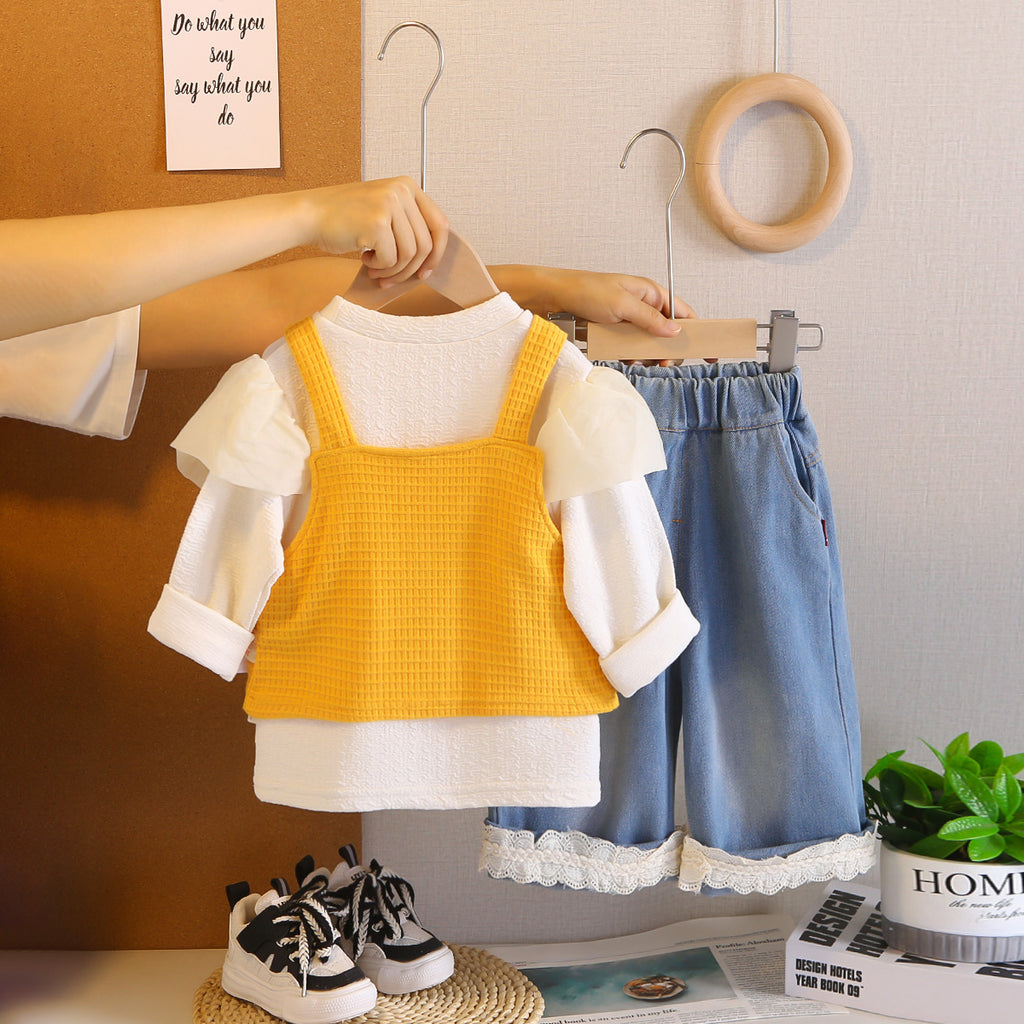 Girls Puffed Sleeves Top with Yellow Floral Textured Crop Top & Jeans Sets Sets