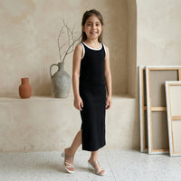 Girls Black Solid Sleeveless Maxi Dress With Contrast Trims Details Casual Dresses