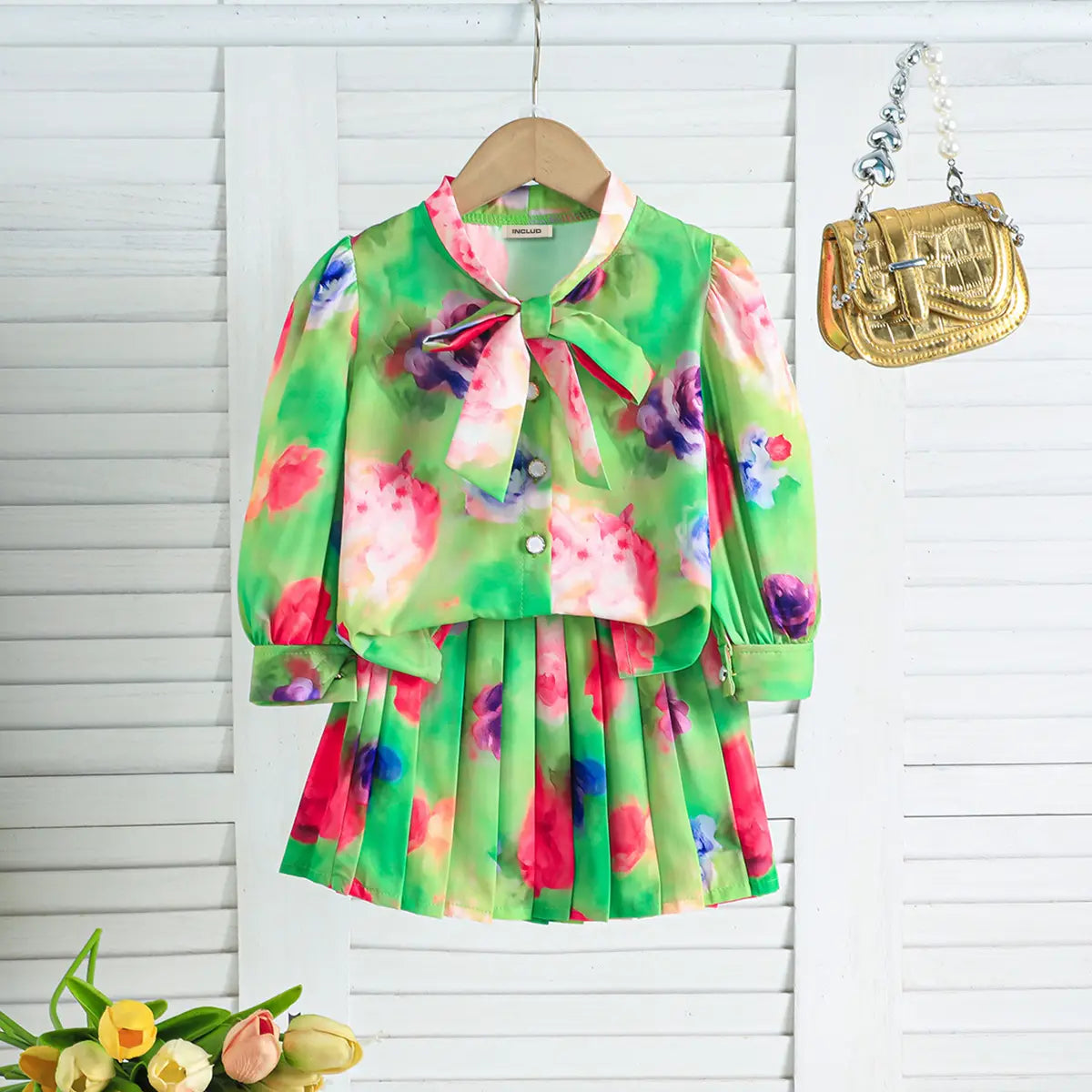 Girls Green Floral Printed Top With Pleated Skirt Co-ord Sets Sets