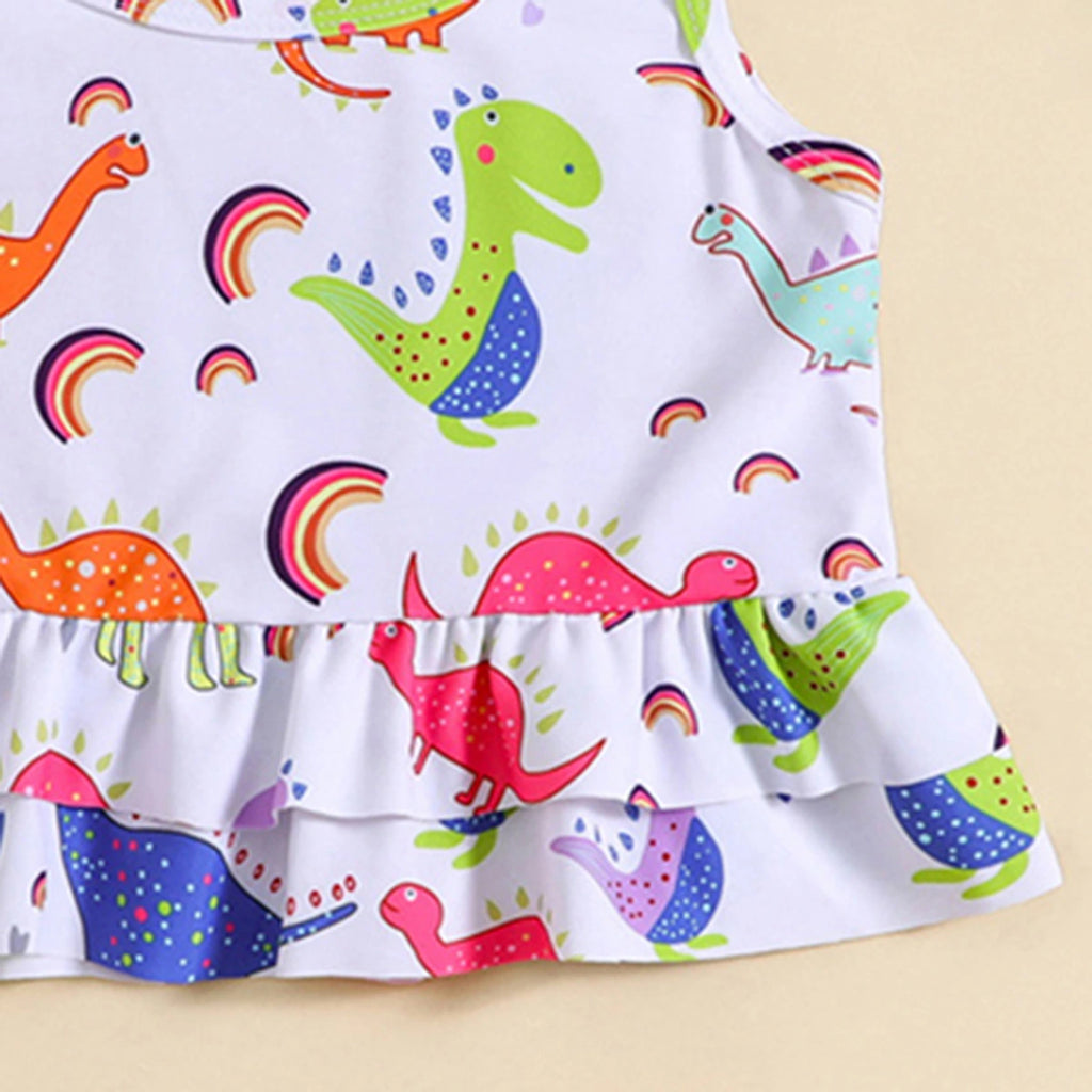 Girls White Dinosaur Printed Peplum Top With Briefs Swimwear Sets Sets