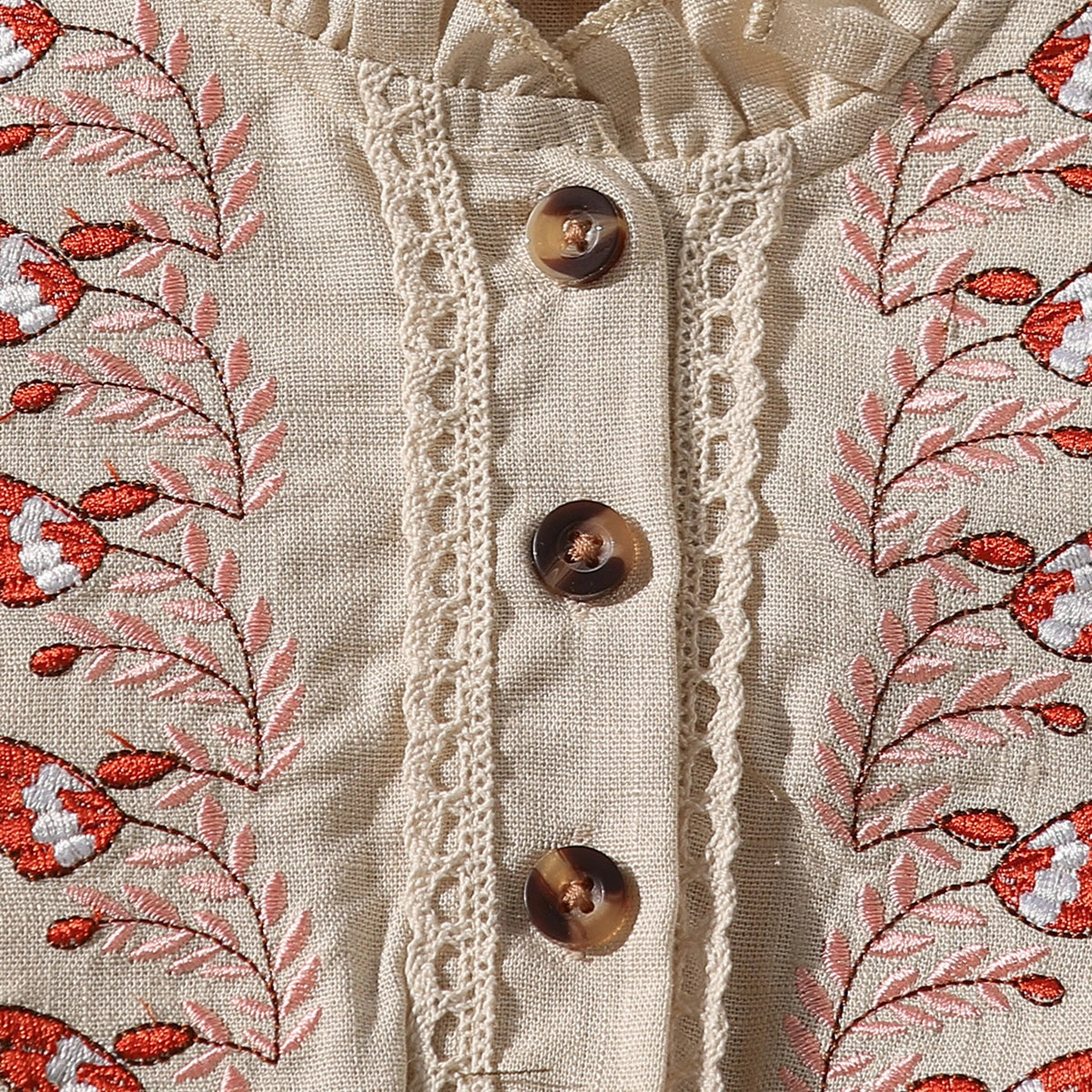 Girls Beige Floral Embroidered Fit & Flare Dress With Puff Sleeves Casual Dresses