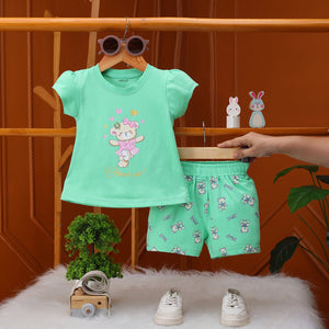 Girls Green Teddy Bear Graphics Puff Sleeve Top With Printed Shorts Sets Sets Green 1-2 Y