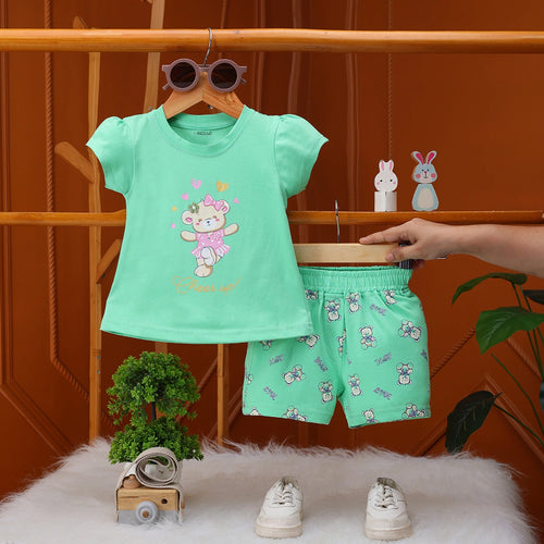 Girls Green Teddy Bear Graphics Puff Sleeve Top With Printed Shorts Sets Sets Green 1-2 Y