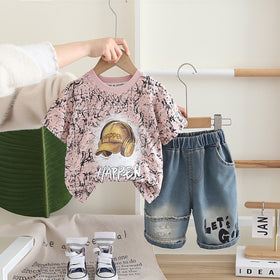Boys Light Pink Cap Graphic Short Sleeves T-Shirt With Denim Shorts Set 2 pc. Sets Light Pink 1-2 Y