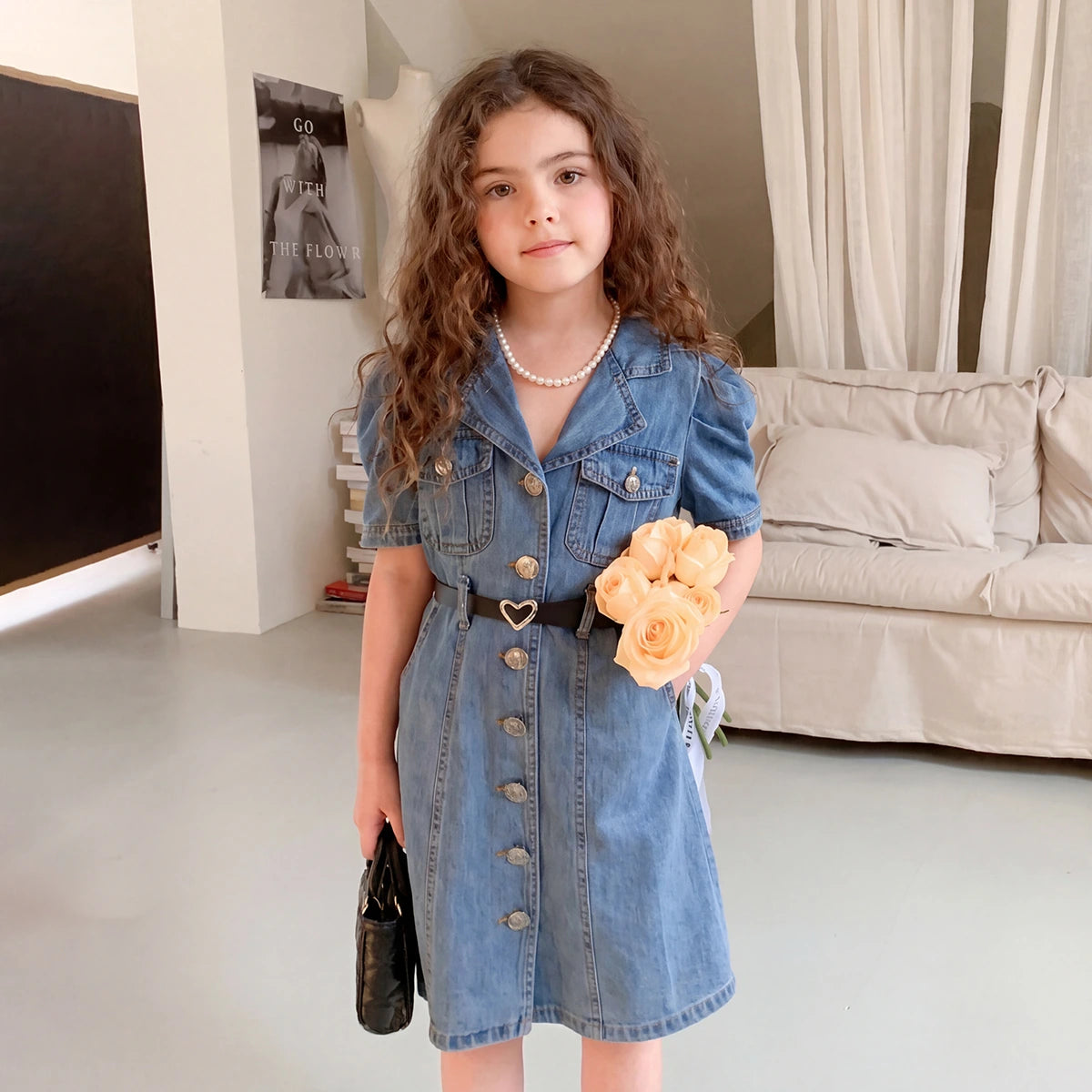 Girls Blue Puff Sleeve Denim Shirt Dress Casual Dresses Blue 1-2 Y