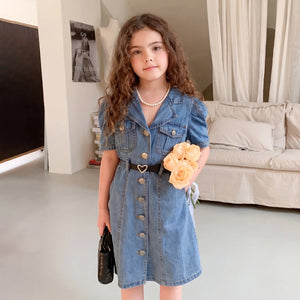 Girls Blue Puff Sleeve Denim Shirt Dress Casual Dresses Blue 1-2 Y