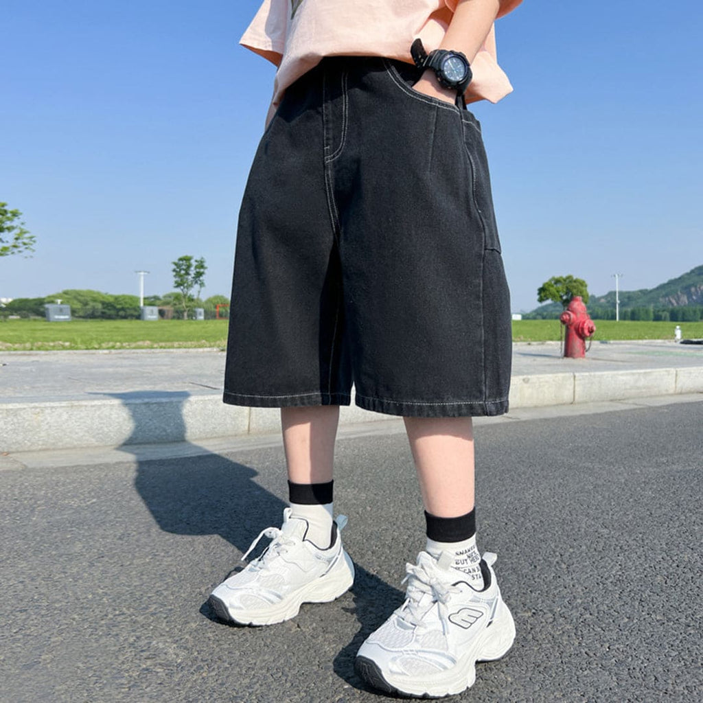 Boys Elasticated Contrast Stitch Details Denim Shorts