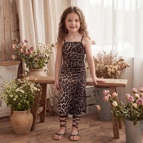 Girls Brown Leopard Print Sleeveless Bodycon Dress Casual Dresses Brown 3-4 Y