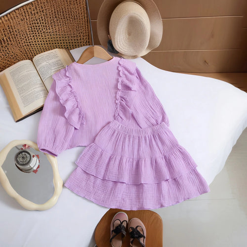 Girls Lavender Textured Ruffled Top with Tiered Skirt Sets 2 pc. Sets
