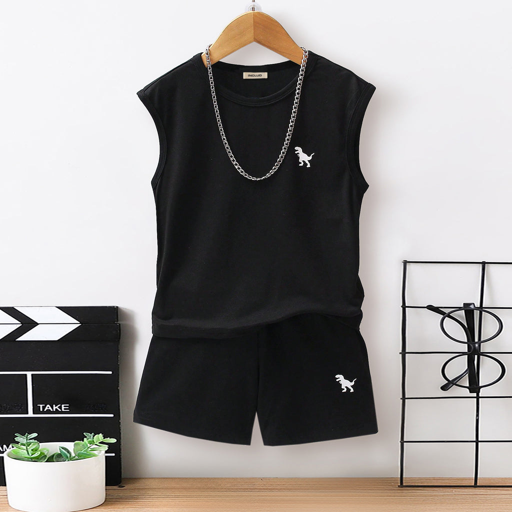Boys Black Dinosaur Printed Sleeveless T-Shirt With Shorts Set 2 pc. Sets Black 3-4 Y