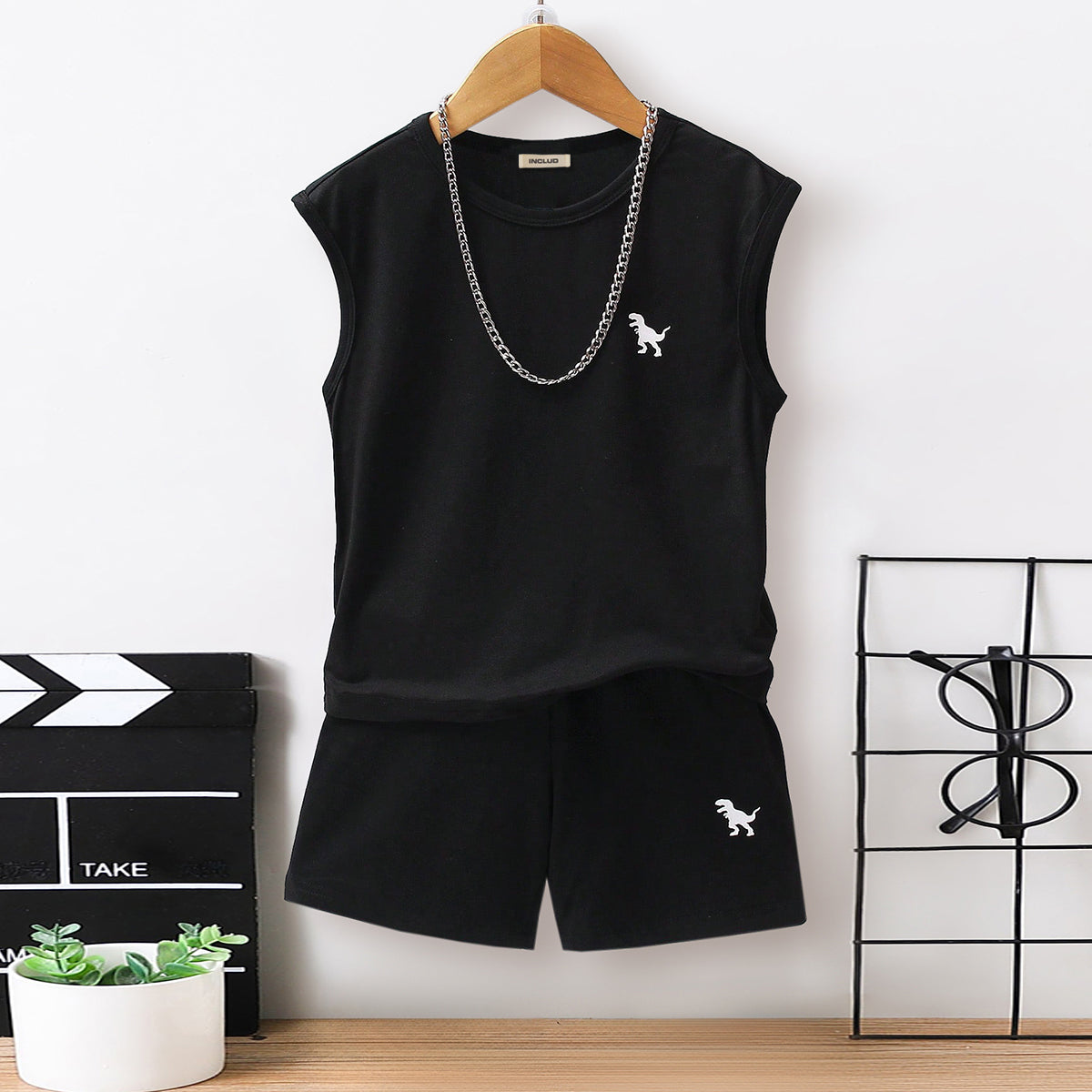 Boys Black Dinosaur Printed Sleeveless T-Shirt With Shorts Set 2 pc. Sets Black 3-4 Y