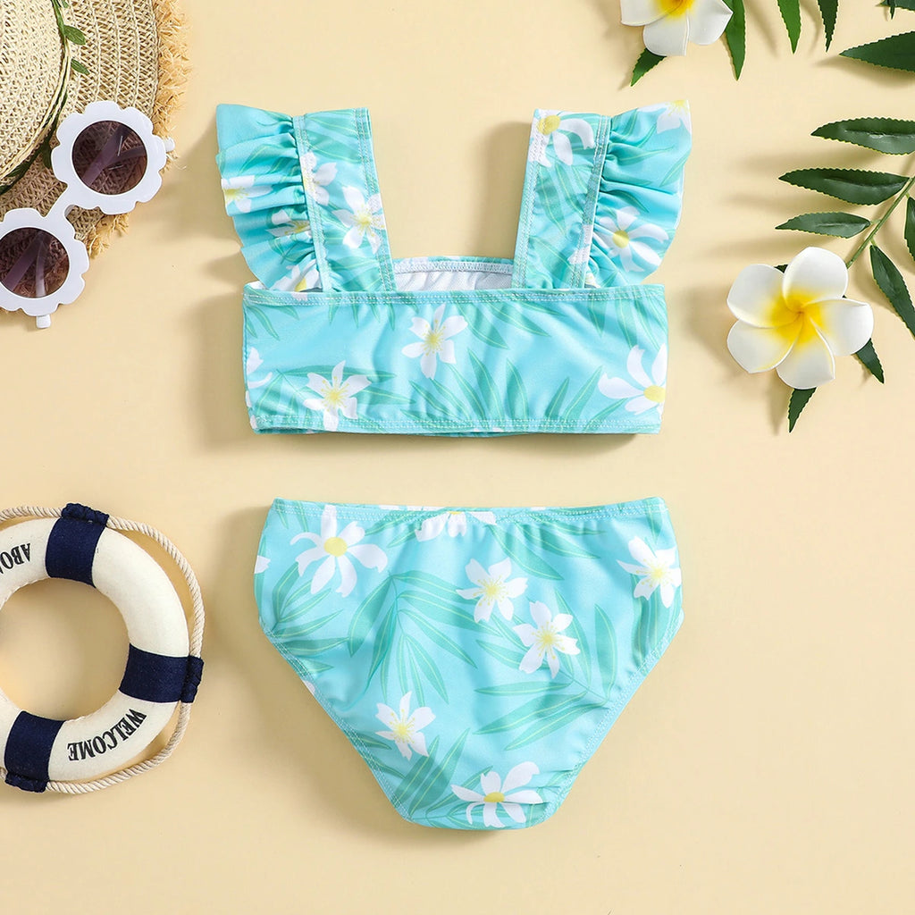 Girls Sky Blue Floral Printed To With Briefs Swimwear Sets Sets