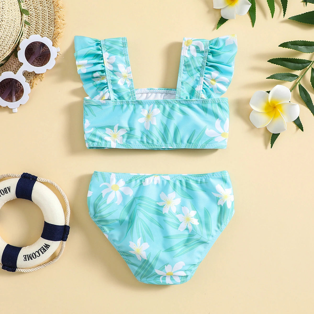 Girls Sky Blue Floral Printed To With Briefs Swimwear Sets Sets