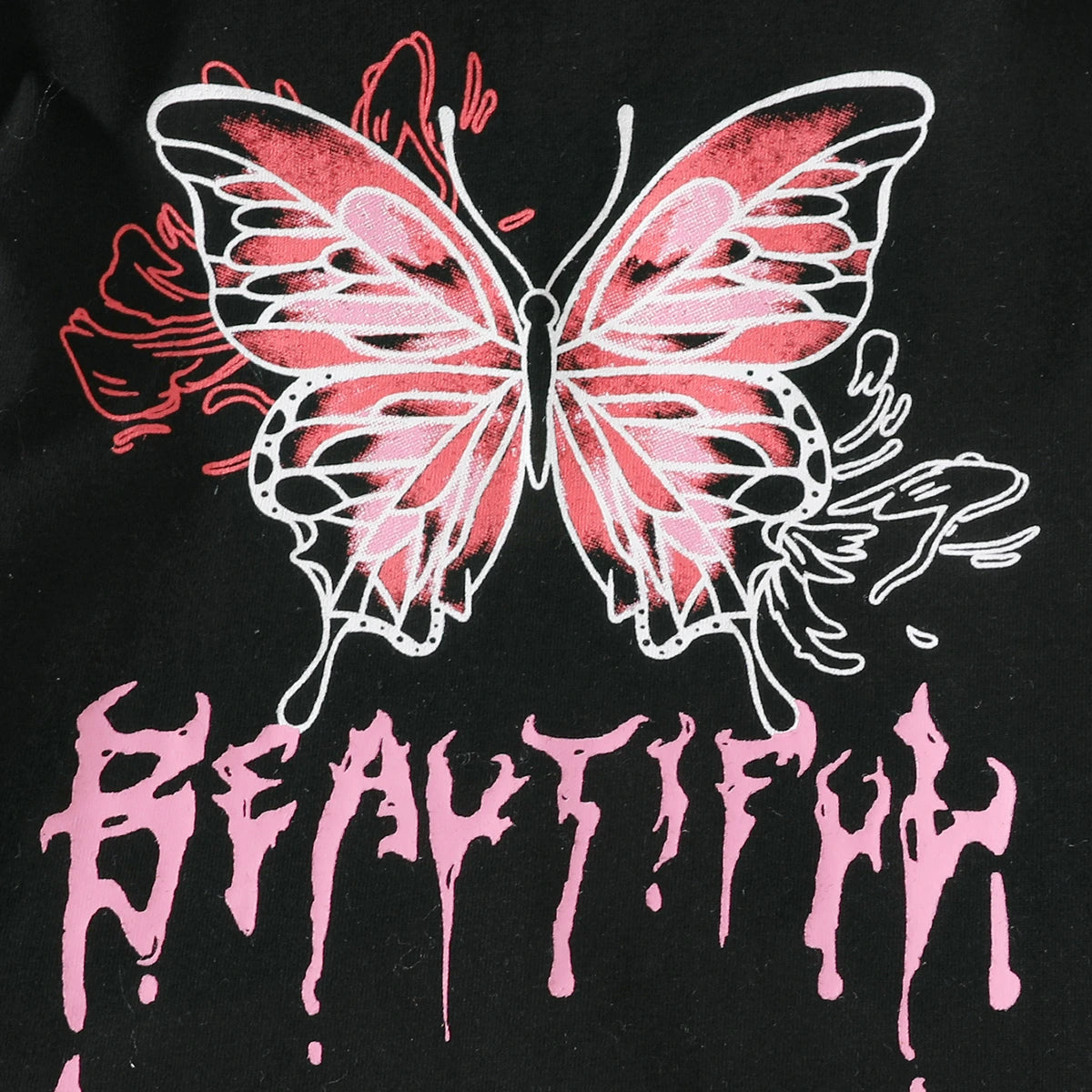 Girls Black Butterfly Printed Short Sleeves T-Shirt With Denim Shorts Set Sets