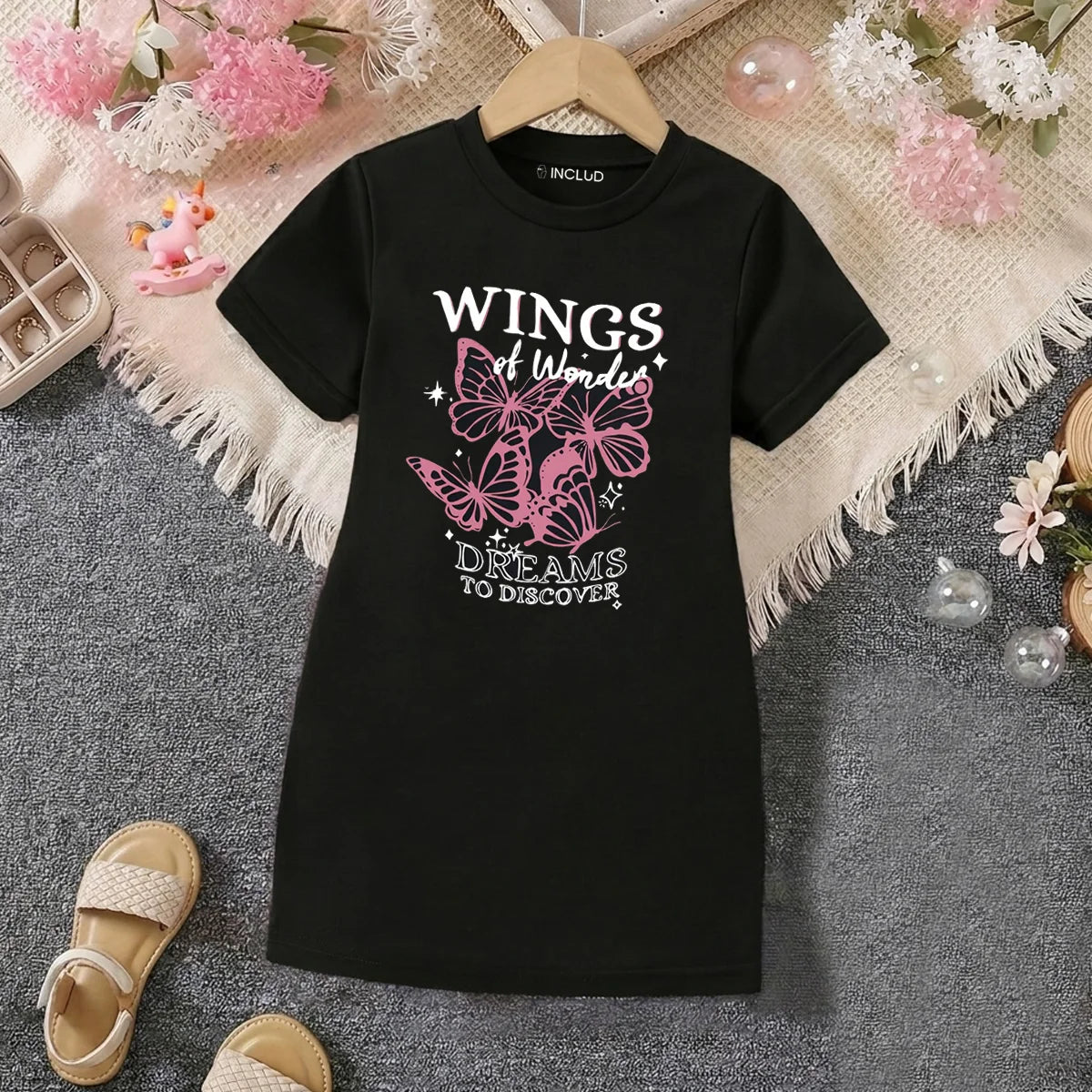 Girls Black Typographic Print Short sleeve T-Shirt Dress Casual Dresses Black 4-5 Y