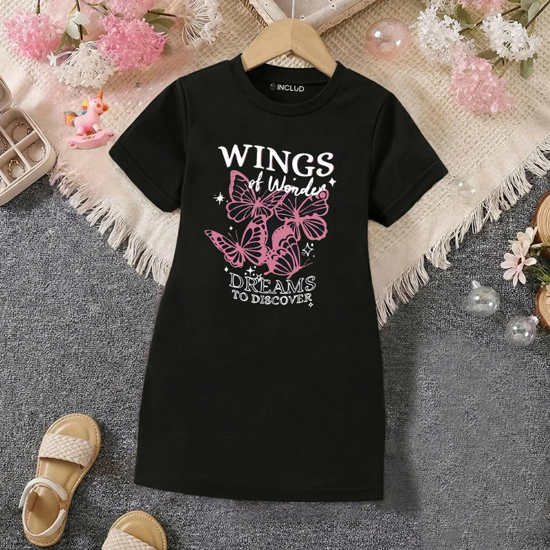 Girls Black Typographic Print Short sleeve T-Shirt Dress Casual Dresses Black 4-5 Y