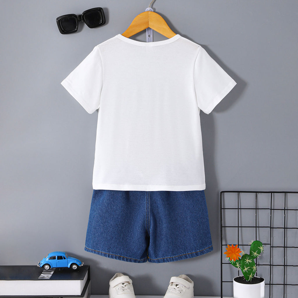Boys White Monster Print Short Sleeve T-Shirt With Denim Shorts Set 2 pc. Sets
