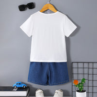 Boys White Monster Print Short Sleeve T-Shirt With Denim Shorts Set 2 pc. Sets