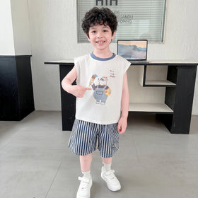 Boys White Bear Graphic Sleeveless T-Shirt With Striped Shorts Sets Sets White 1-2 Y