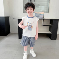 Boys White Bear Graphic Sleeveless T-Shirt With Striped Shorts Sets Sets White 1-2 Y