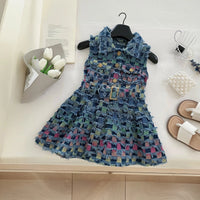 Girls Blue Sleeveless Checked A-Line Distressed Dress Casual Dresses Blue 1-2 Y