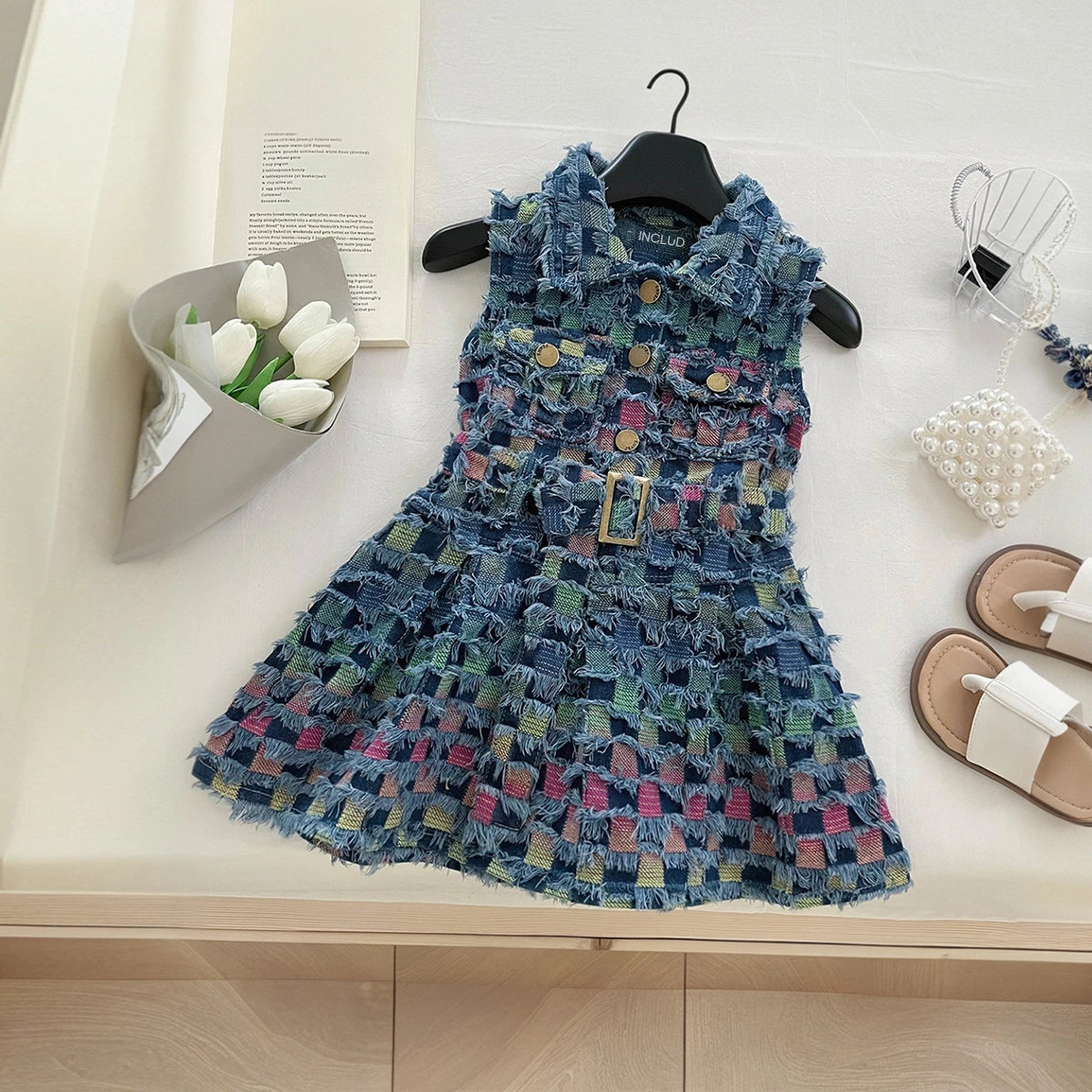 Girls Blue Sleeveless Checked A-Line Distressed Dress Casual Dresses Blue 1-2 Y