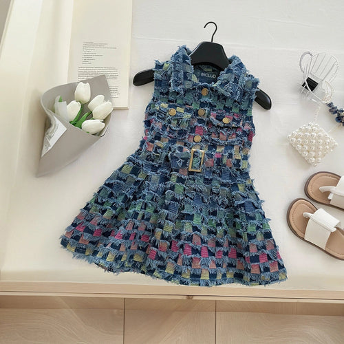 Girls Blue Sleeveless Checked A-Line Distressed Dress Casual Dresses Blue 1-2 Y