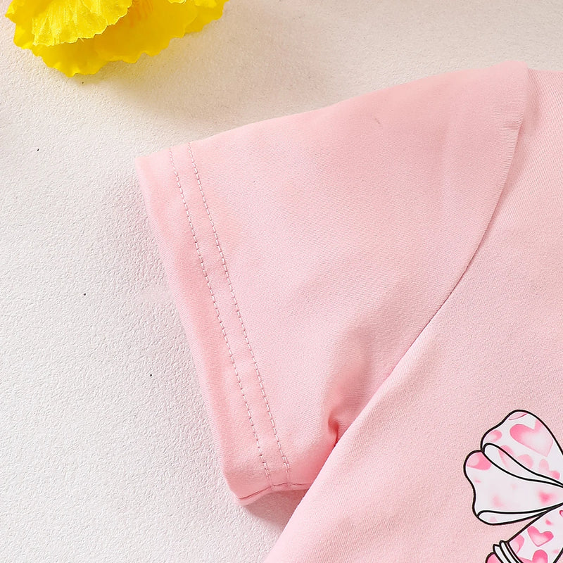 Girls Pink Short Sleeve Bow Print T-Shirt With Checked Pants Sets 2 pc. Sets