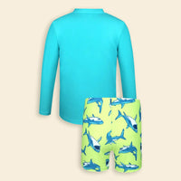 Boys Light Blue Shark Printed Long Sleeves T-Shirt & Shorts Swimsuit Sets Sets