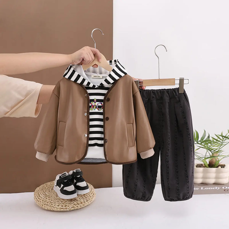 Boys Brown Solid Faux Lather Jacket With Hooded Sweatshirt & Pants Set Sets Brown 1-2 Y