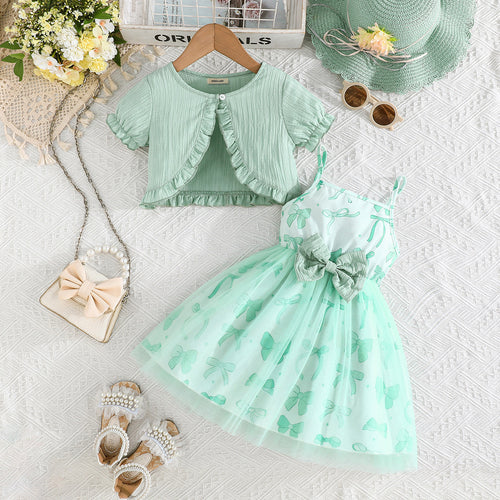 Girls Green Bow Printed Fit & Flare Summer Casual Dress Casual Dresses Green 2-3 Y