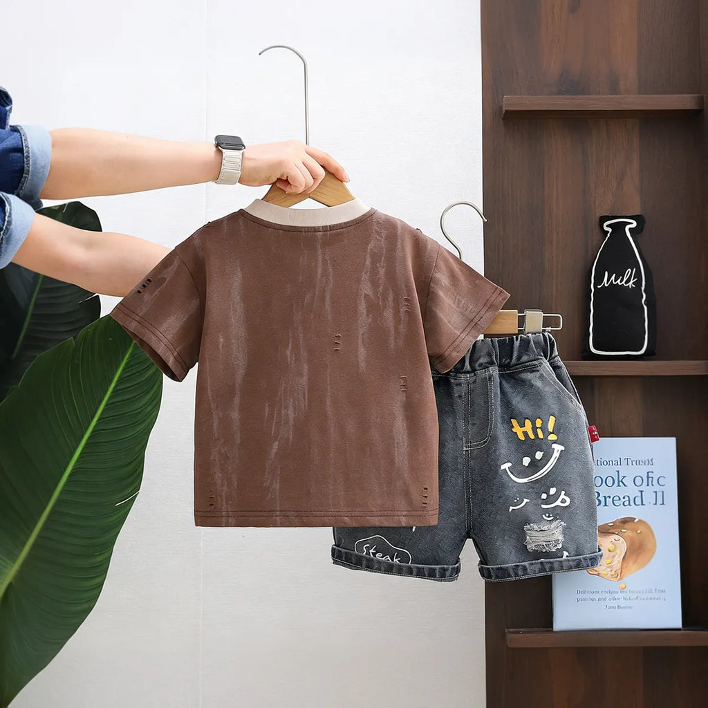 Boys Brown Short Sleeves T-Shirt With Printed Denim Shorts Set Sets