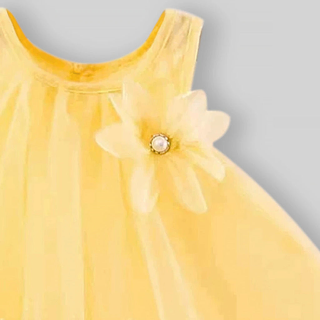 Girls Lime Yellow Flower Applique Tulle Overlay Sleeveless A-line Dress Casual Dresses