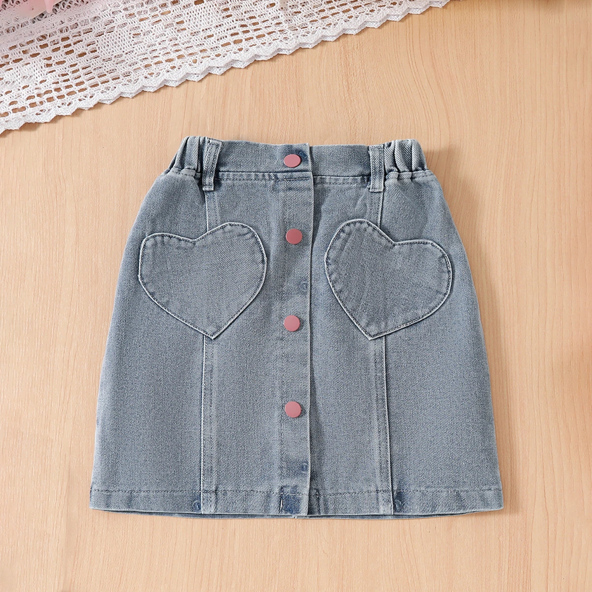 Girls Pink Rose Flower Appliqued Top With Denim Skirts Set Sets