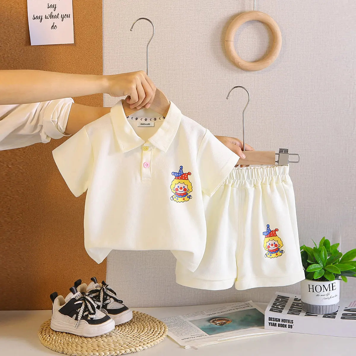 Boys Off White Clown Printed Polo T-Shirt With Shorts Co-ord Sets Sets Off White 1-2 Y