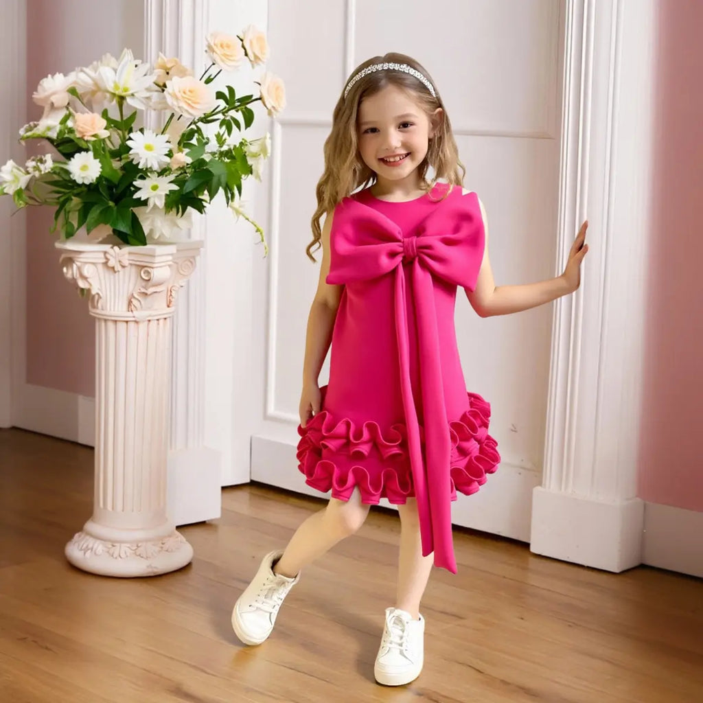 Girls Fuchsia Sleeveless Large Bow Applique A-line Party Wear Dress Party Dresses